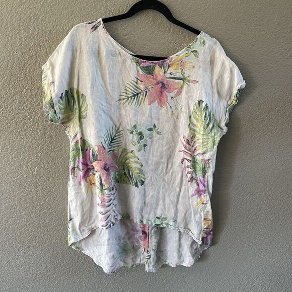 Terzo Millenio Blouse Womens Medium White Floral Garden Linen Button Back Italy - Picture 1 of 9